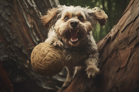 Boundless Playfulness: A Dog Leaps Over a Fallen Tree Trunk, Ball in Mouthの素材