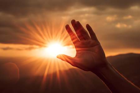 The Intriguing Art of Force Perspective: Capturing the Harmonious Encounter of Hand and Sun -- A Breの素材