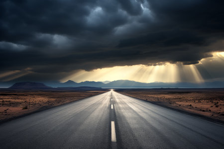 Journeying through the Serene Landscape: Empty Gray Road Under White Cloudsの素材