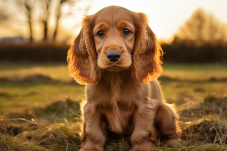 Adorable English Cocker Spaniel Puppy Relaxing on the Grassy Groundの素材