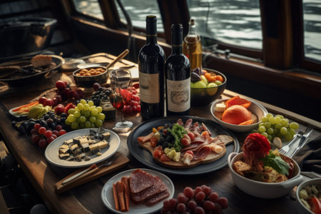 Captivating Culinary Moments: Food and Wine Bottles Showcase Inside a Boatの素材