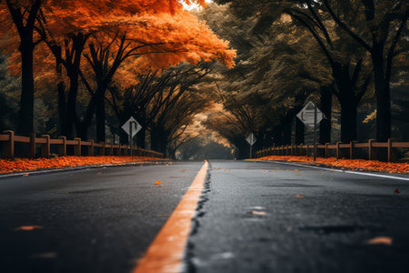 Natures Tapestry: Serene Gray Asphalt Road Enveloped by Brown and Orange Leaf Trees under Daylightの素材