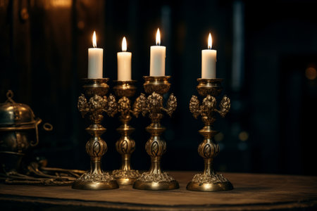Elegant Brass-Colored Candlesticks with Four White Tealight Candles - A Perfect 3:2 Arrangementの素材