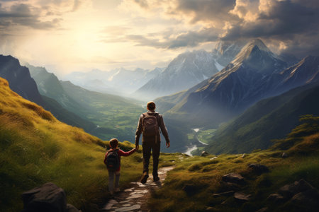 Exploring the Wonders of Nature: A Father and Childs Hiking Adventure in a Majestic Mountain Landscの素材
