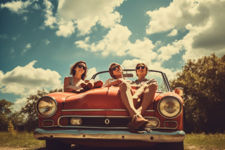 Sunny Day Bliss: Friends Lounging on the Trunk of a Retro Car - AR 3:2の素材