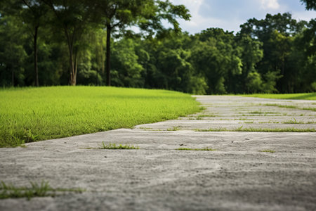 Journeying on the Lush Green Path: A Captivating 3:2 View of the Gray Concrete Roadの素材