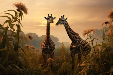 The Majestic Sight of Giraffes Amidst a Lush Grass Field Encircled by Vibrant Plants: A Captivatingの素材