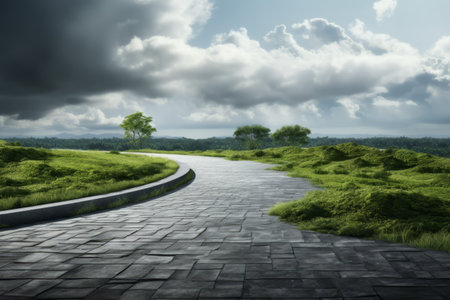 Journey Along the Serene Gray Concrete Pathway, Enveloped by Lush Green Grass --ar 3:2の素材