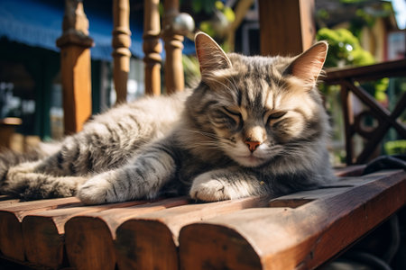 Serene Feline Resting on a Rustic Bench -- AR 3:2の素材