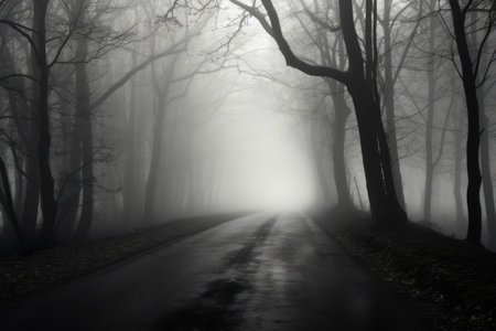 Mystical Journey: Traversing a Gray Concrete Road Amid Enshrouding Fog and Towering Trees --ar 3:2の素材