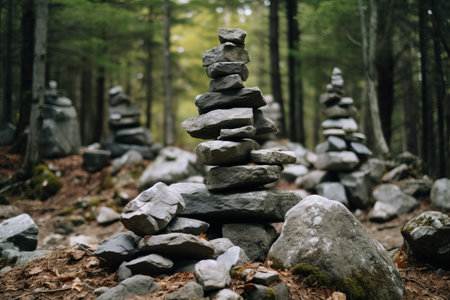 Mystical Landscape: The Enigma of the Gray Pile of Stones Near Trees --ar 3:2の素材