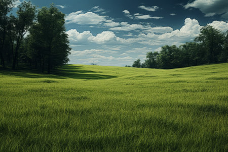 A Vibrant Daytime Scene: Serene Green Grass Field and Lush Green Trees -- AR 3:2の素材