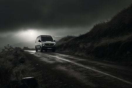 Timeless Snapshot: A Vintage Vehicle Captured in Grayscale on an Open Roadの素材