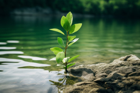 Serenity Unveiled: The Green Leafed Plant by the Tranquil Body of Waterの素材