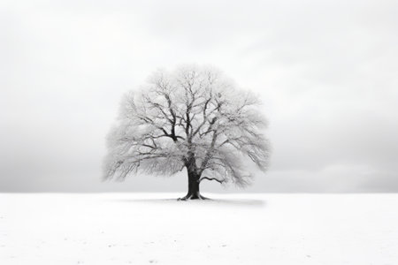 Winter Wonderland: A Captivating Monochrome Image of a Snowy Field with an Enchanting Treeの素材