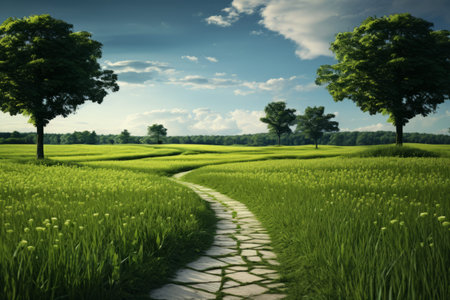 Enchanting Pathway Harmonizing with Vibrant Green Grass Field --ar 3:2の素材