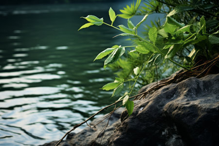 Natures Oasis: A Serene Green Leafed Plant Embracing the Waterside - AR 3:2の素材