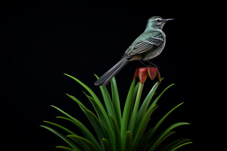 Graceful Encounter: A Green and Gray Bird Finds Refuge on Aloe Vera Plantの素材