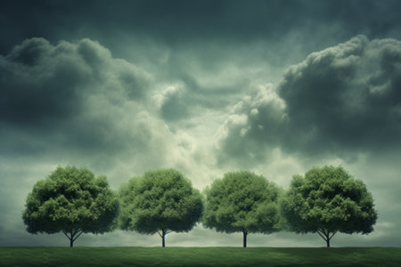 A Serene Scene: Green Leafed Trees Under a Moody Skyの素材