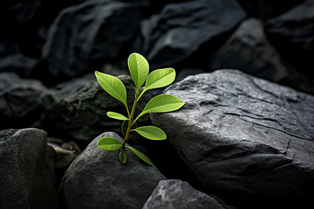 Natural Harmony: Vibrant Green Plant Thriving on Gray Rock --AR 3:2の素材