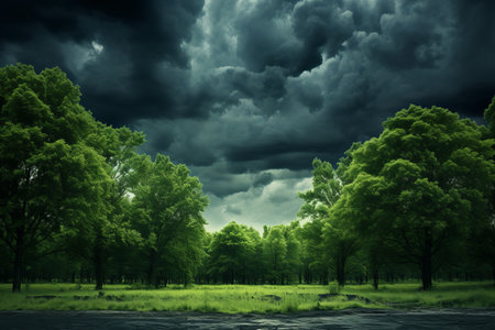 A Captivating Vision: Majestic Green Leafed Trees Beneath a Picturesque Cloudy Sky in a Harmonious 3の素材