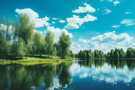 Serenity Unveiled: Captivating Green Trees Reflecting on the Tranquil Lake Beneath a Vast Expanse ofの素材