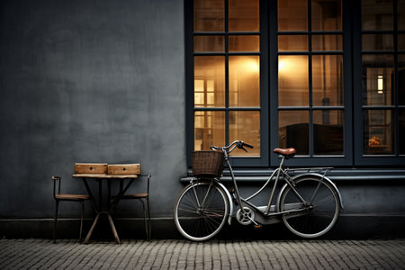 Urban Minimalism: A Grey Bike Rests Beside a Table, Framed by a Majestic Buildingの素材