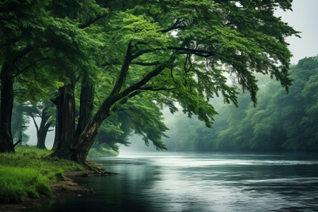Serene Reflections: The Rejuvenating Encounter of Green Trees and a Calming Body of Water --ar 3:2の素材