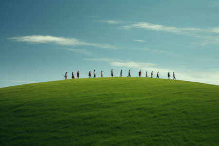Exploring Together: A Groups Journey Across the Lush Green Grass Fieldの素材