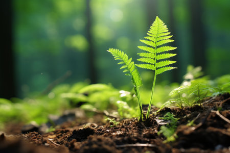 Ethereal Beauty: The Green Sprouting Fern Flourishing in the Enchanting Woods - AR 3:2の素材