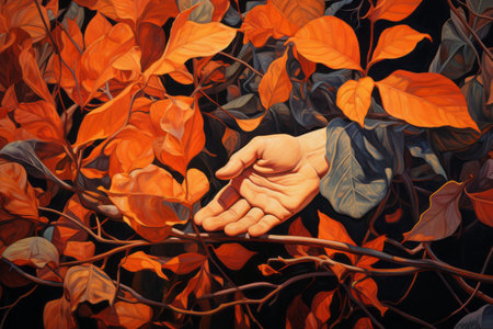 Vibrant Autumn: A Hand Among Orange Leavesの素材