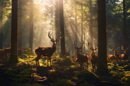 Majestic Gathering: A Herd of Deer Gracefully Roaming Through the Forest - AR 3:2の素材