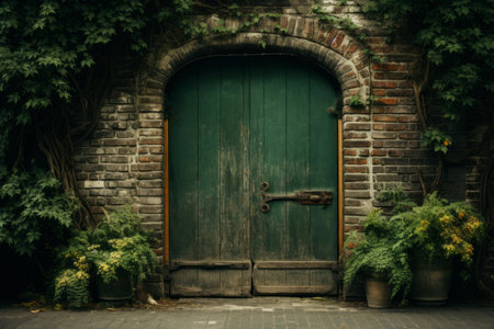 Harmony in Nature: Captivating Green Wooden Door Against a Warm Brown Brick Wall - AR 3:2の素材