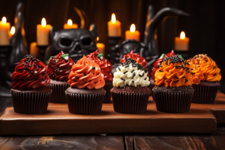 SpoOoOky Delights: Halloween Cupcakes on a Sinister Wooden Boardの素材
