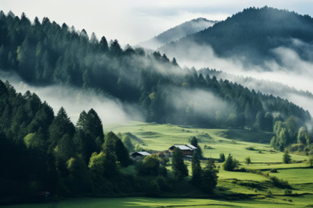 Mystical Hillside: Verdant Trees Shrouded in Mist -- AR 3:2の素材