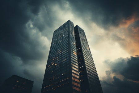 Atmospheric Aesthetics: Captivating High Rise Building under a Mysterious Cloudy Sky at Daytimeの素材