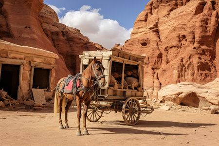 Exploring Ancient Wonders: Horse with Trailer in Front of Petraの素材