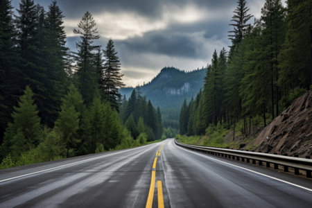 Serene Scenery: A Highway Encircled by Trees beneath a Dramatic Cloudy Skyの素材
