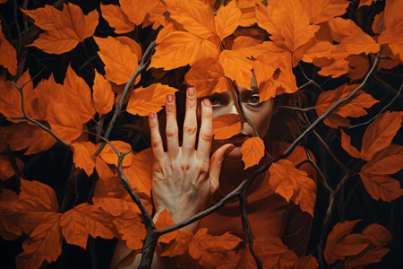 A Glimpse of Natures Harmony: Hand Among Orange Leaves --ar 3:2の素材