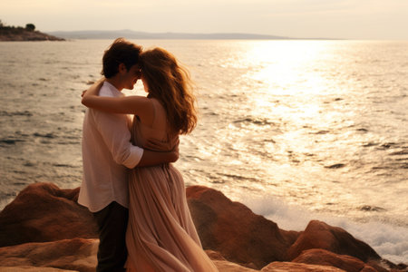 Serenity in Embrace: A Hugging Couples Seaside Escapeの素材