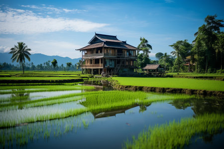 Harmony Amidst Nature: A House Enveloped by Vibrant Rice Fields --ar 3:2の素材