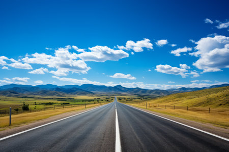 Journey Through an Idyllic Landscape: A Captivating Road Beneath the Azure Skiesの素材