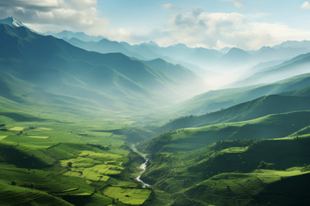 Immersive Snapshot: Majestic Green Mountains Enchanted in Vivid Landscapeの素材