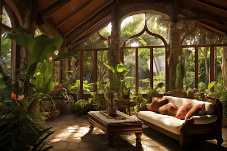 Luxurious Oasis: Exploring the Interior of a Tropical Villa Amidst Lush Gardensの素材