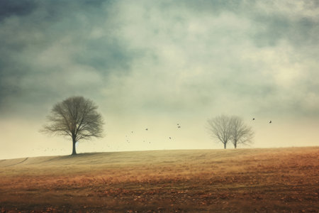 Capturing the Serenity: A Glimpse into the Majestic Landscape Field and Trees --ar 3:2の素材