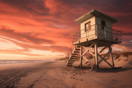 Serenity of Dusk: Lifeguard Building on Seashore Against Sundown Skyの素材