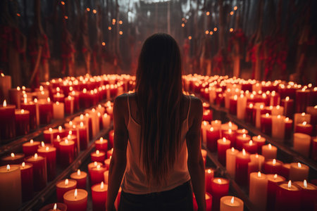 Breathtaking Display: Intricate Red and White Candle Lot Balanced Gracefully on Persons Backの素材