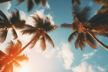 Tropical Serenity: Capturing the Majestic Coconut Trees in a 3:2 Low Angle Photographの素材