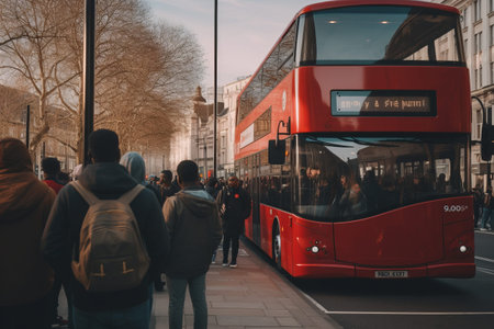 Capturing the Anticipation: Low Angle Shot of Commuters Awaiting the Passing of the Vibrant Red Busの素材