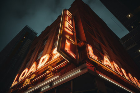 Iconic Los Angeles: Captivating Low Angle Shot of Brown Building Framed by LED Signの素材